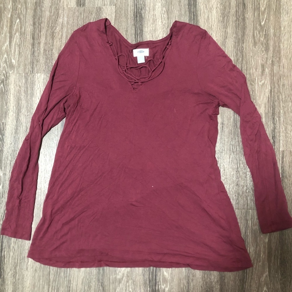 Old Navy Maroon Lace-Up V-Neck Tunic Top | Long Sleeve | Size M